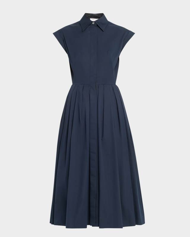 Cap-Sleeve Pleated Midi Shirtdress